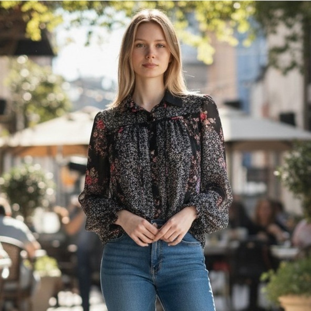 She + Sky Womens Blouse M Black Floral Boho Mixed Print Long Sleeve Cottagecore